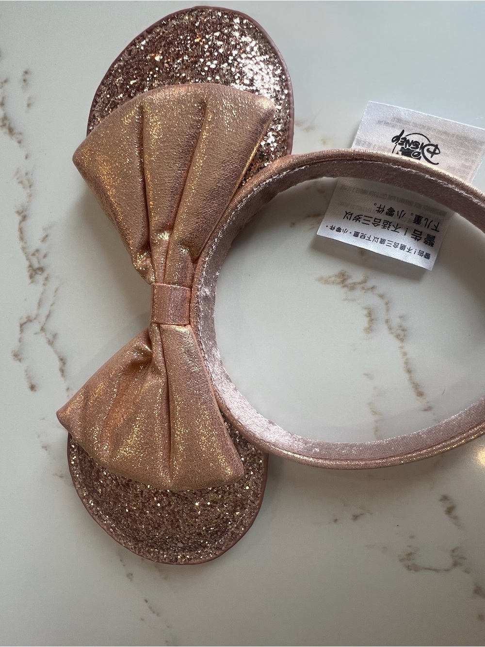 Disney Parks Rose Gold Glitter Minnie Ear Headband with Shimmer Bow